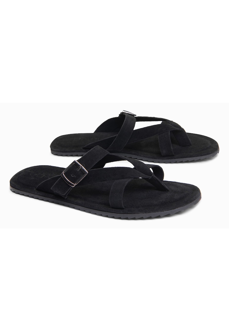 Slapi barbati din piele intoarsa - cu doua bretele de sustinere OM-FOSF-0253 - Negru