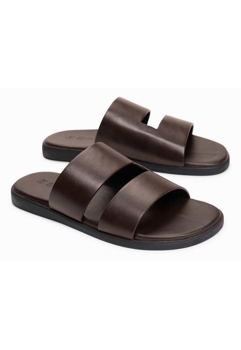 Slapi barbati din piele cu doua benzi late - confortabili si eleganti OM-FOSF-0248 - Maro