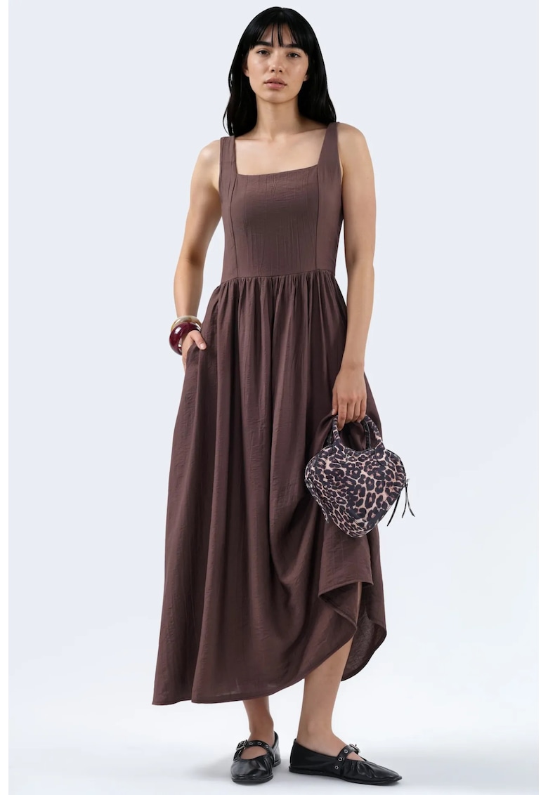 Rochie Midi Casual - Guler Patrat - Maro Cafea - 100% Poliester