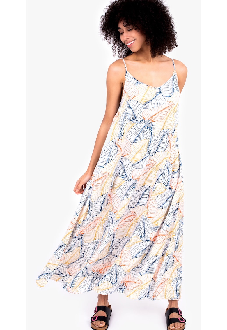 Rochie maxi cu barete inguste si imprimeu cu frunze