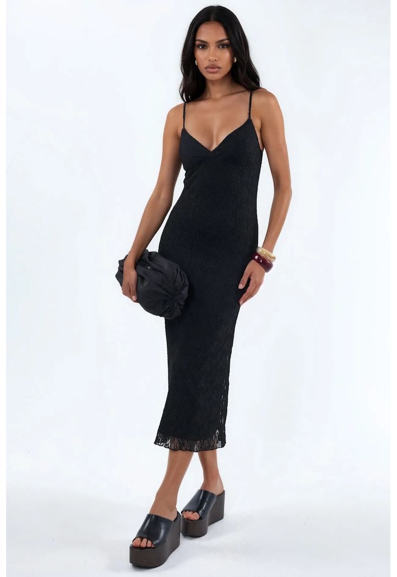 Rochie midi - mulata - decolteu in V - neagra - dantela - poliester