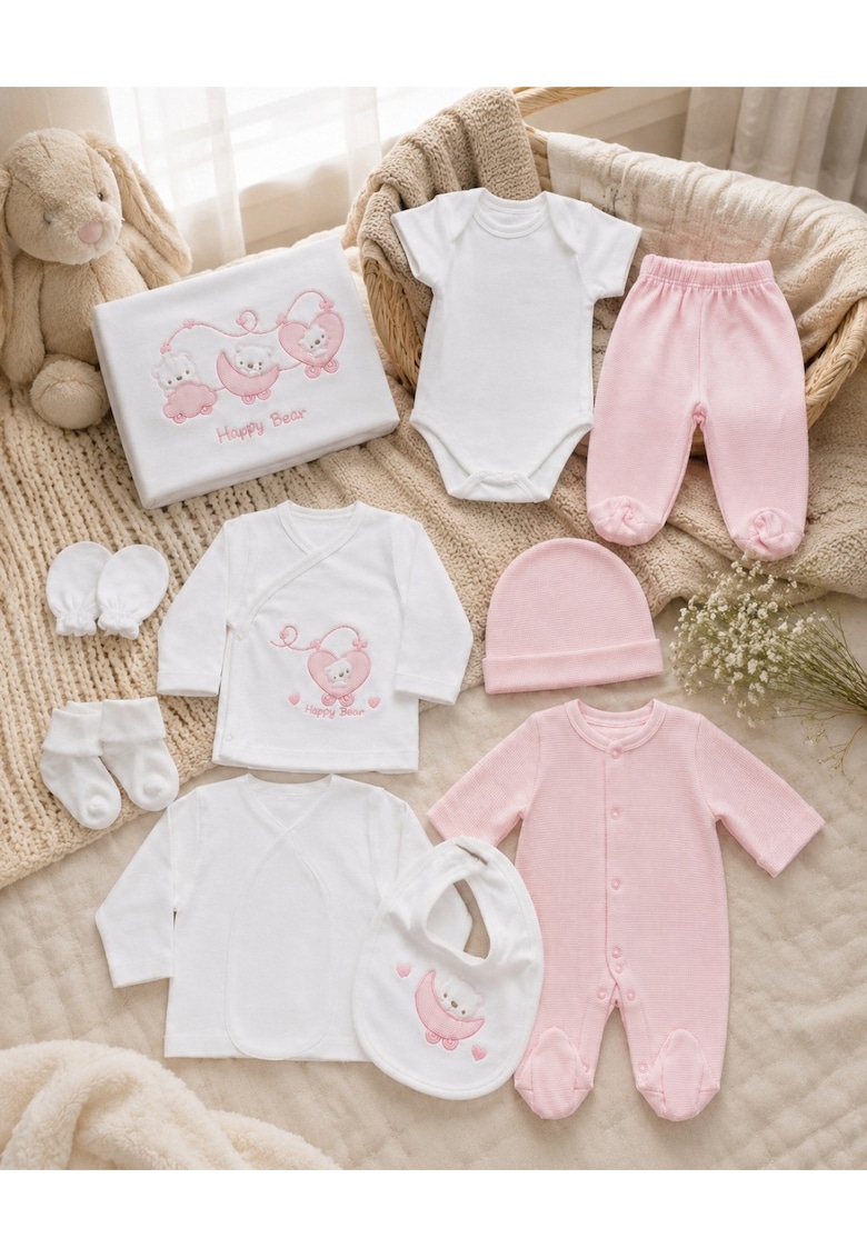 Set nou nascut 10 piese roz Happy Bear - bumbac moale pentru fetite - 0-3 luni