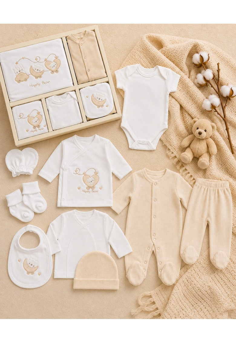 Set nou nascut 10 piese alb crem - Happy Bear - bumbac moale pentru bebelusi - 0-3 luni