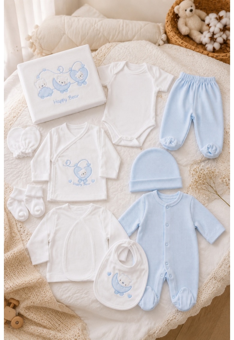 Set nou nascut 10 piese albastru - Happy Bear - bumbac moale pentru bebelusi - 0-3 luni