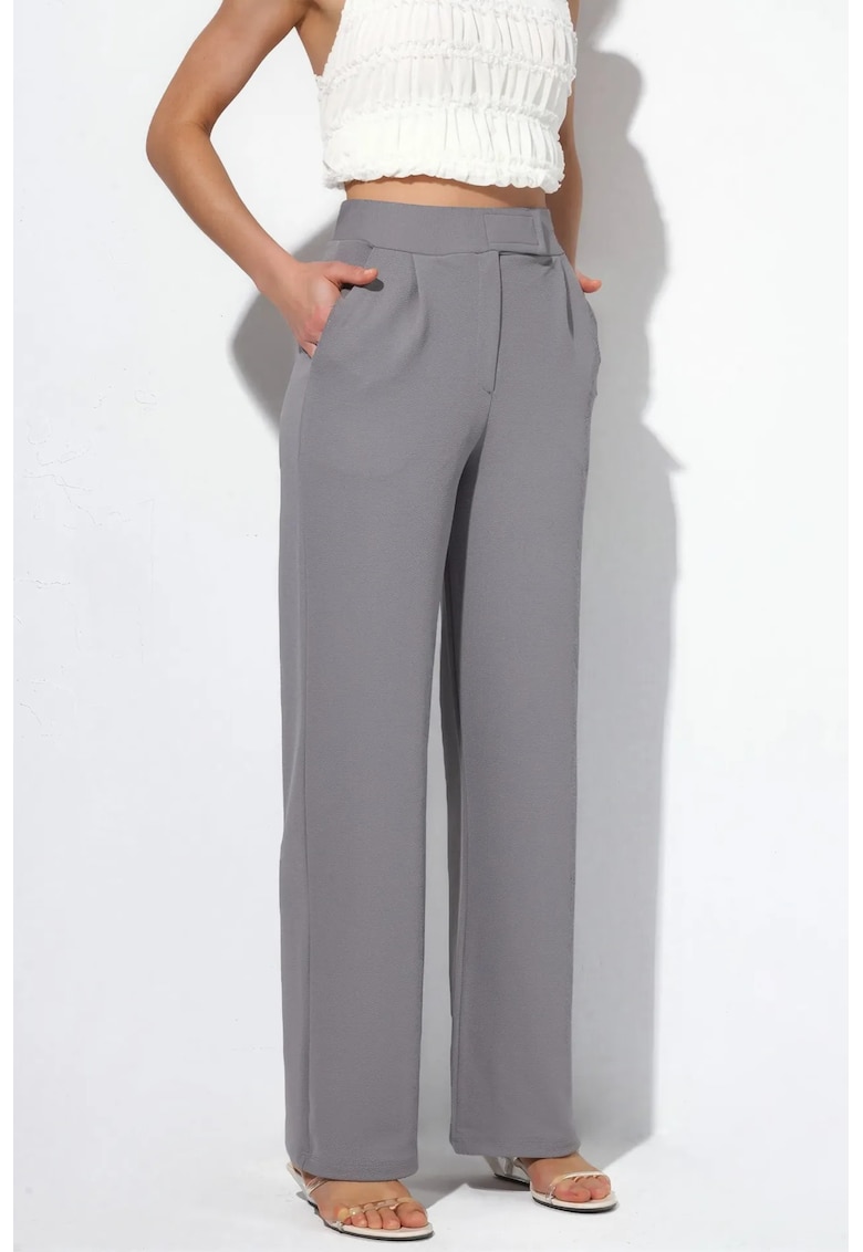Pantaloni dama talie inalta - croiala dreapta - gri deschis - poliester-elastan