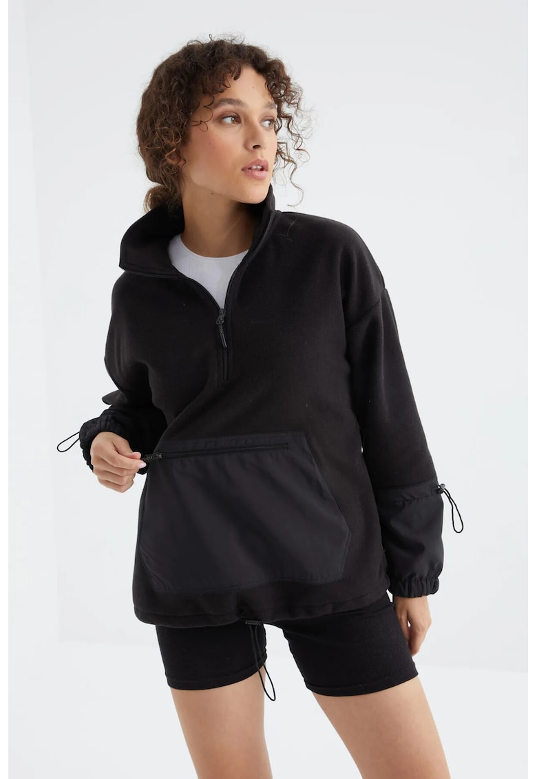 Hanorac dama - oversized - negru - poliester - maneci lungi - fermoar