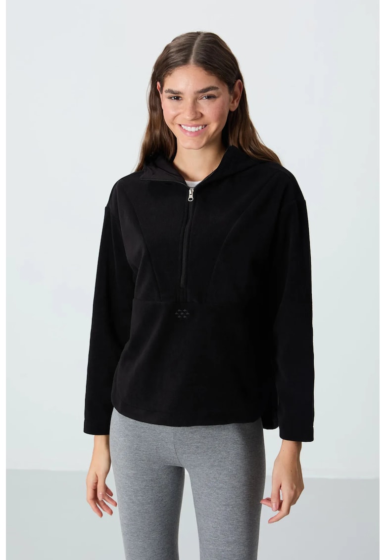 Hanorac dama - oversized din fleece cu gluga si fermoar - Negru