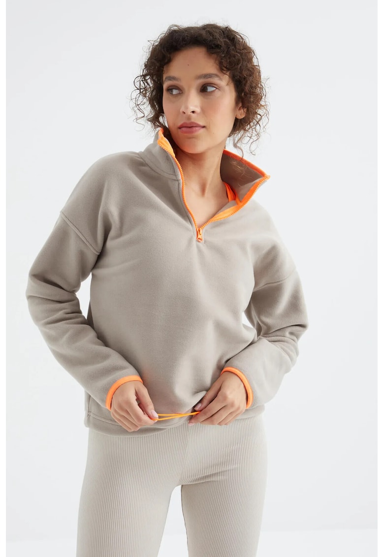 Hanorac dama - oversized - culoare piatra naturala - material fleece - maneci lungi - fermoar