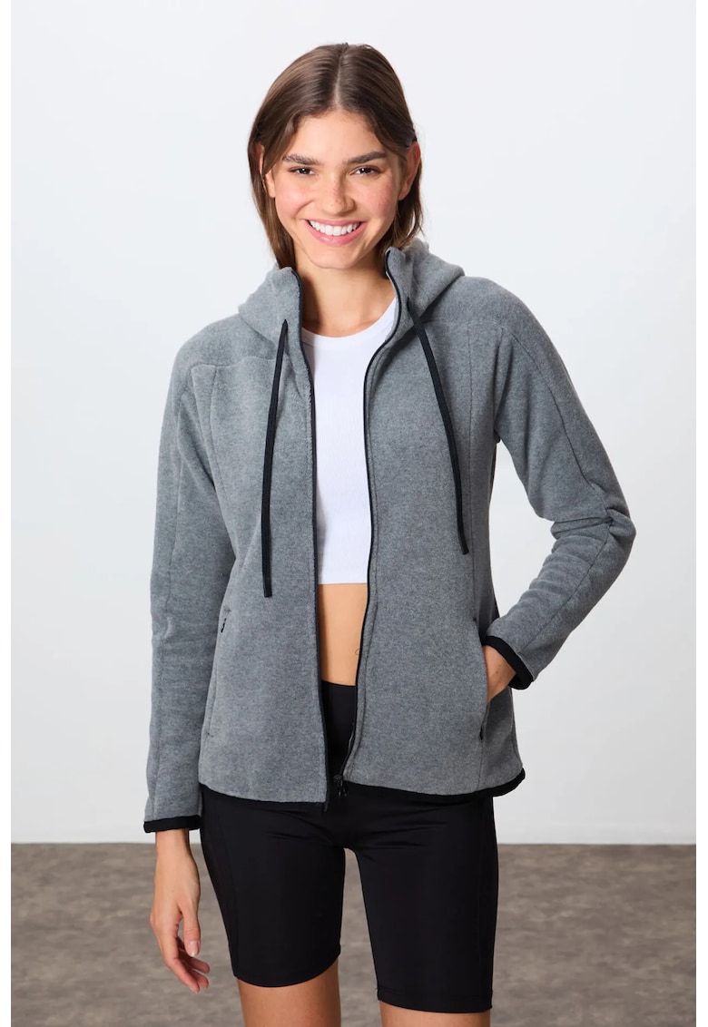 Hanorac cu gluga gri - fleece - broderie - pentru femei
