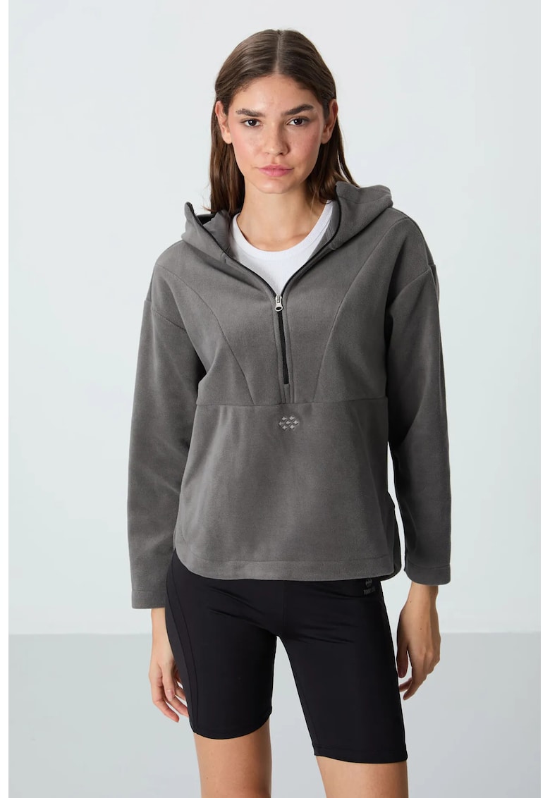 Hanorac dama oversized cu gluga - gri carbune - fleece - fermoar