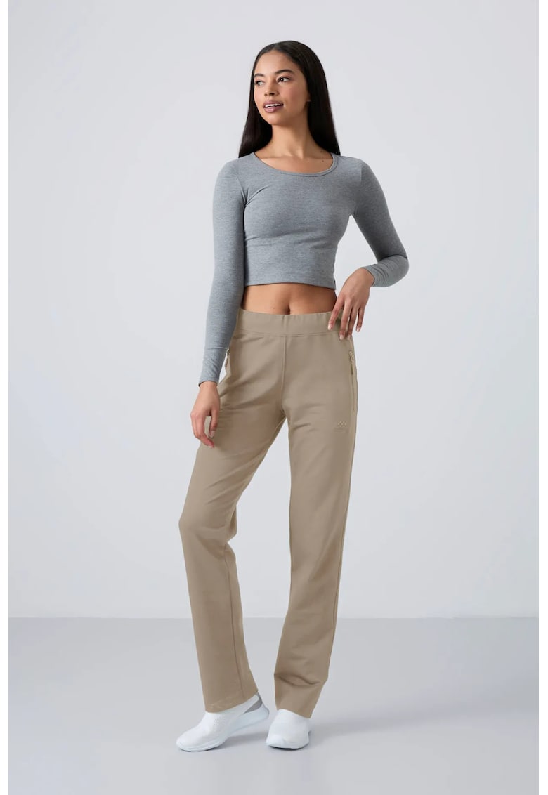 Pantaloni de trening - croiala dreapta - cu fermoar - bej inchis - bumbac - poliester - elastan