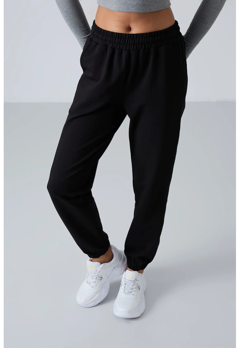 Pantaloni de jogging - talie inalta - croiala relaxata - negru - bumbac cu poliester si elastan