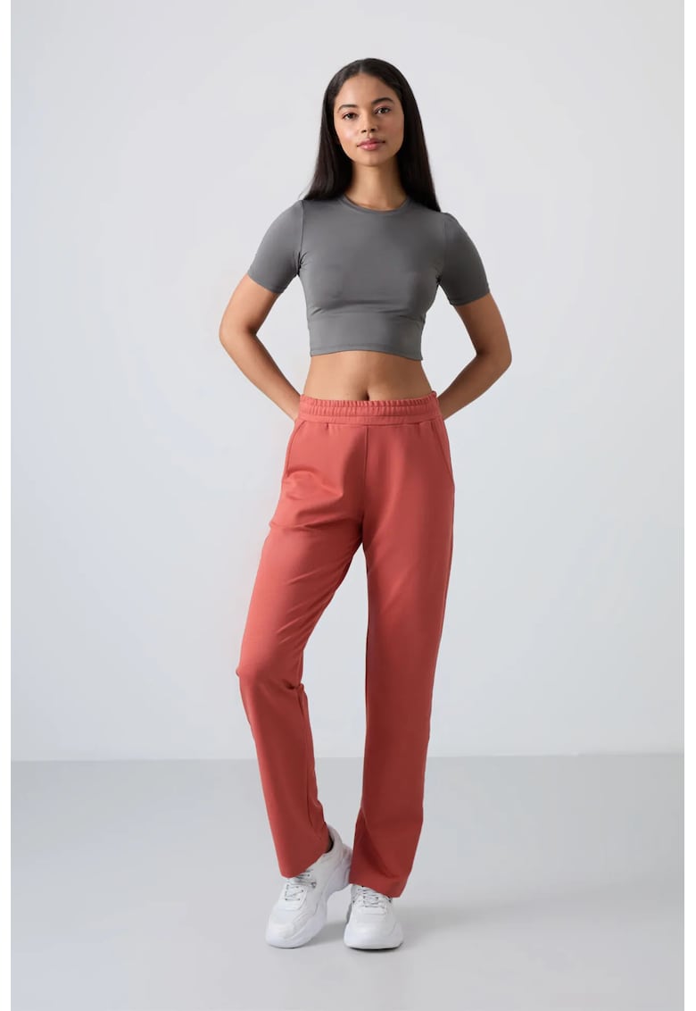 Pantaloni de trening - talie inalta - picioare drepte - rosu caramiziu - fleece