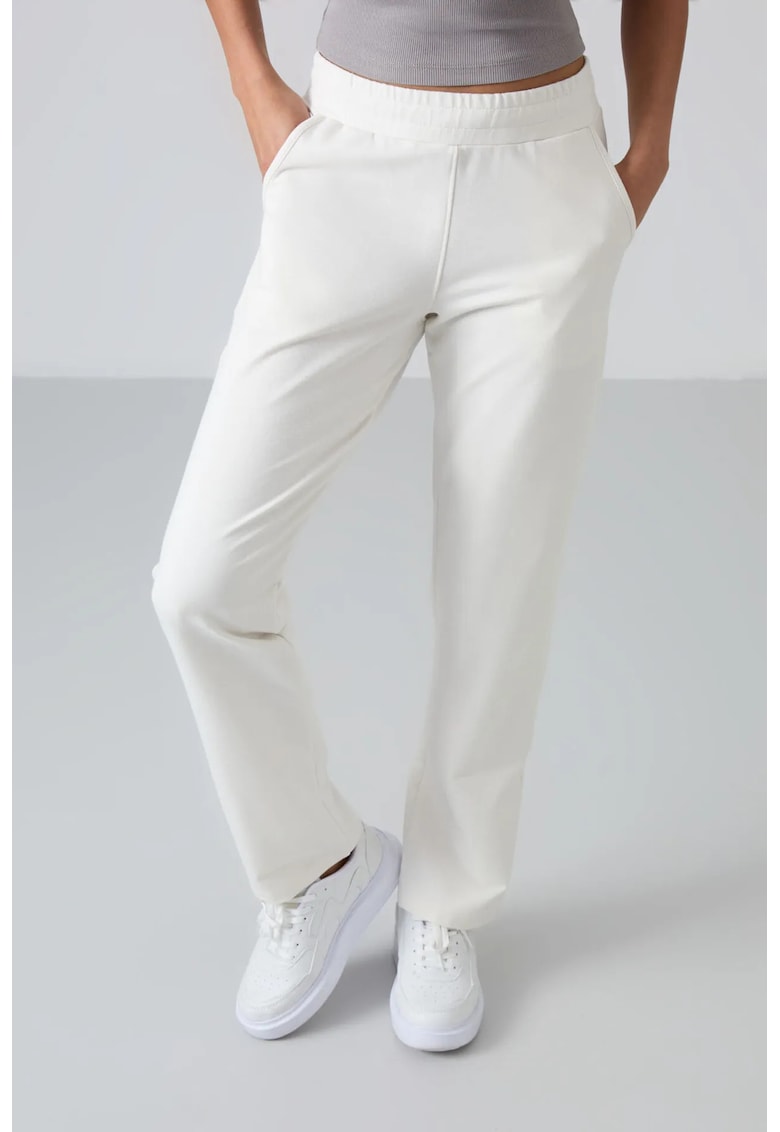 Pantaloni dama - trening din fleece - buzunar - alb prafuit - 77% bumbac