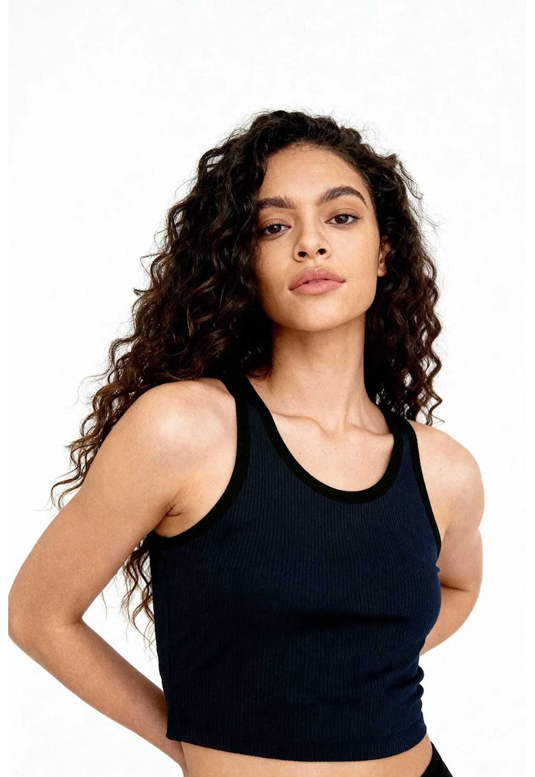 Top scurt - casual - negru - bumbac-elastan -