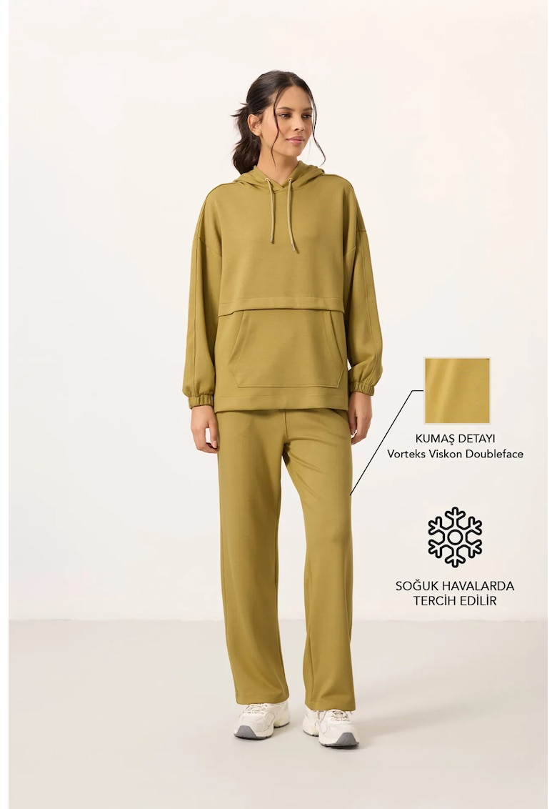 Set Treninguri Femei - Bluza cu gluga supradimensionata si Pantaloni cu croiala larga - Verde Kaki - 48% viscoza - 47% poliester - 5% elastan
