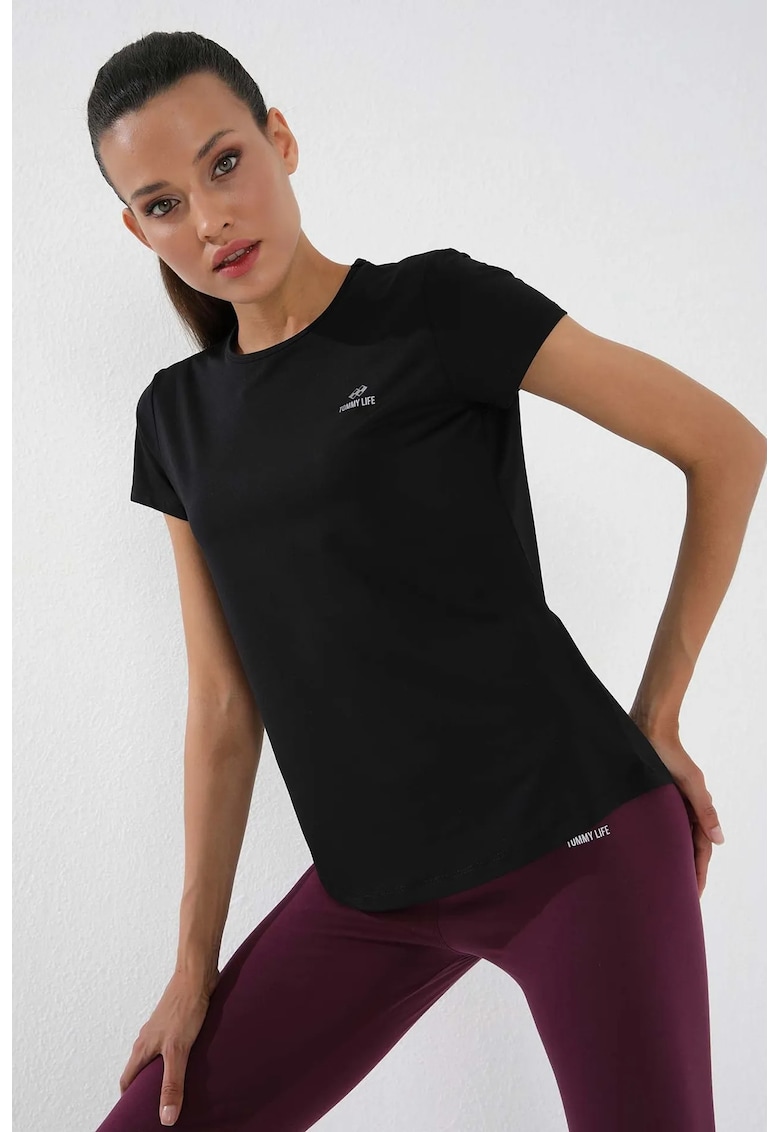 Tricou femei - uni - negru - poliester cu elastan - maneca scurta