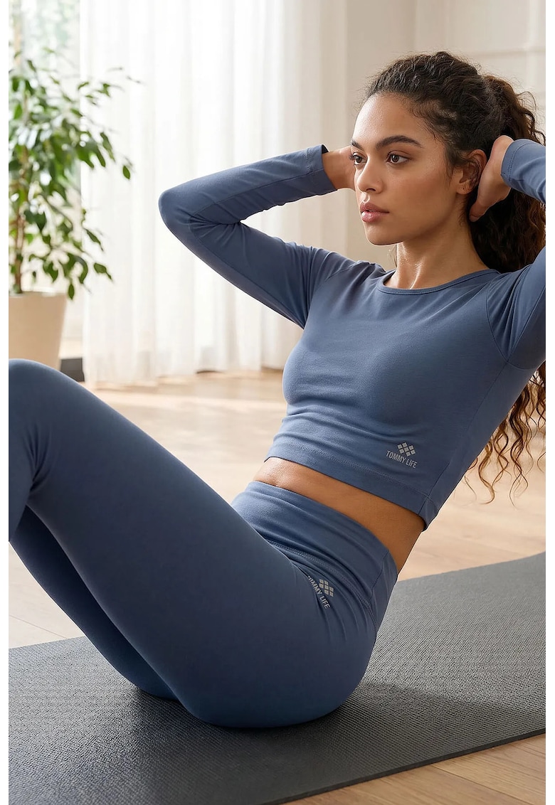 Set Treninguri Femei - Set din bumbac si elastan - tricou scurt si colanti - Maya Blue - elastic