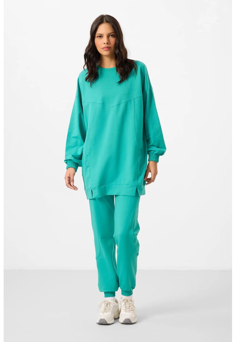 Set Treninguri Femei - Bluza de Molton si Pantaloni Oversized - Verde Menta - Elastic - Bumbac