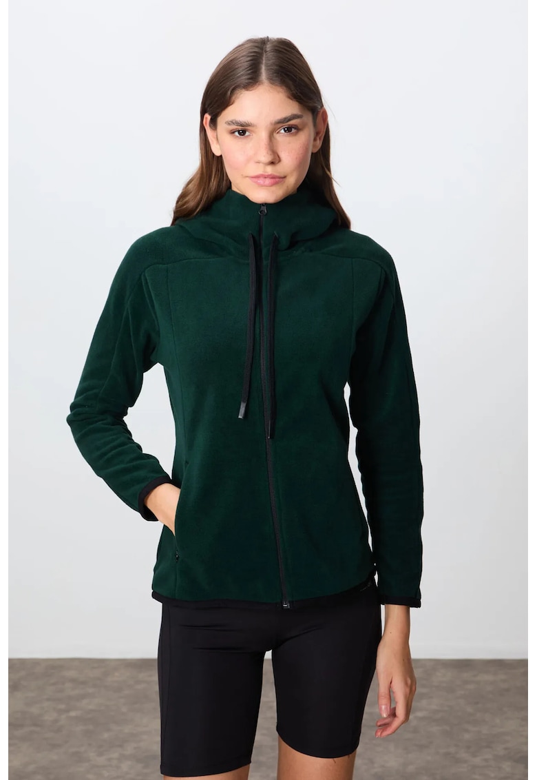 Hanorac cu gluga si fermoar - din plus - verde padure - broderie - pentru femei