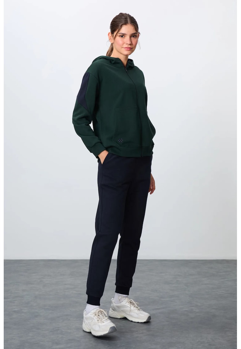 Set Trening cu Gluga si Fermoar Supradimensionat Pantaloni - Verde Padure - Bumbac 88%