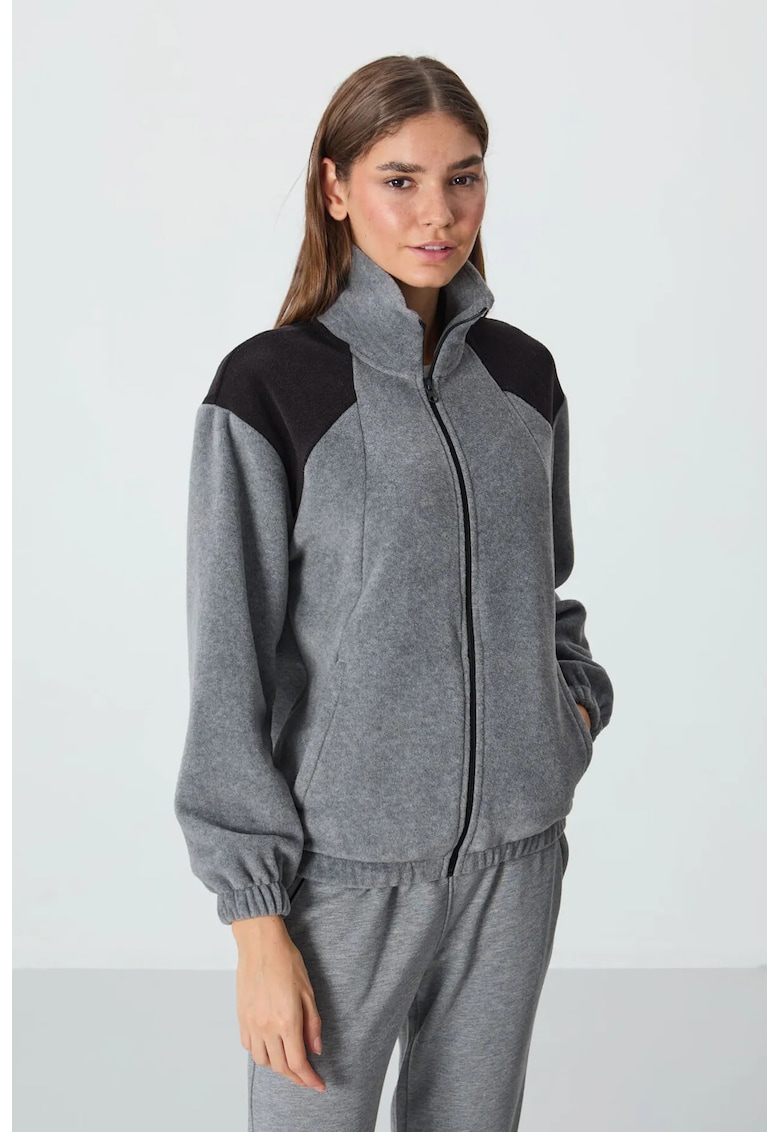 Hanorac dama - Oversized Color Block - Gri - Fleece - Fermoar