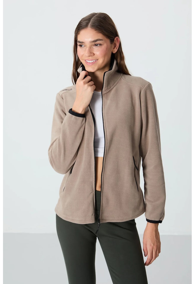 Hanorac regular fit - cu fermoar - bej natural - poliester - maneci lungi