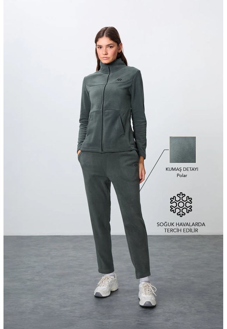 Set Trening cu Fermoar Femei - Maneca Lunga - Verde Padure - Poliester