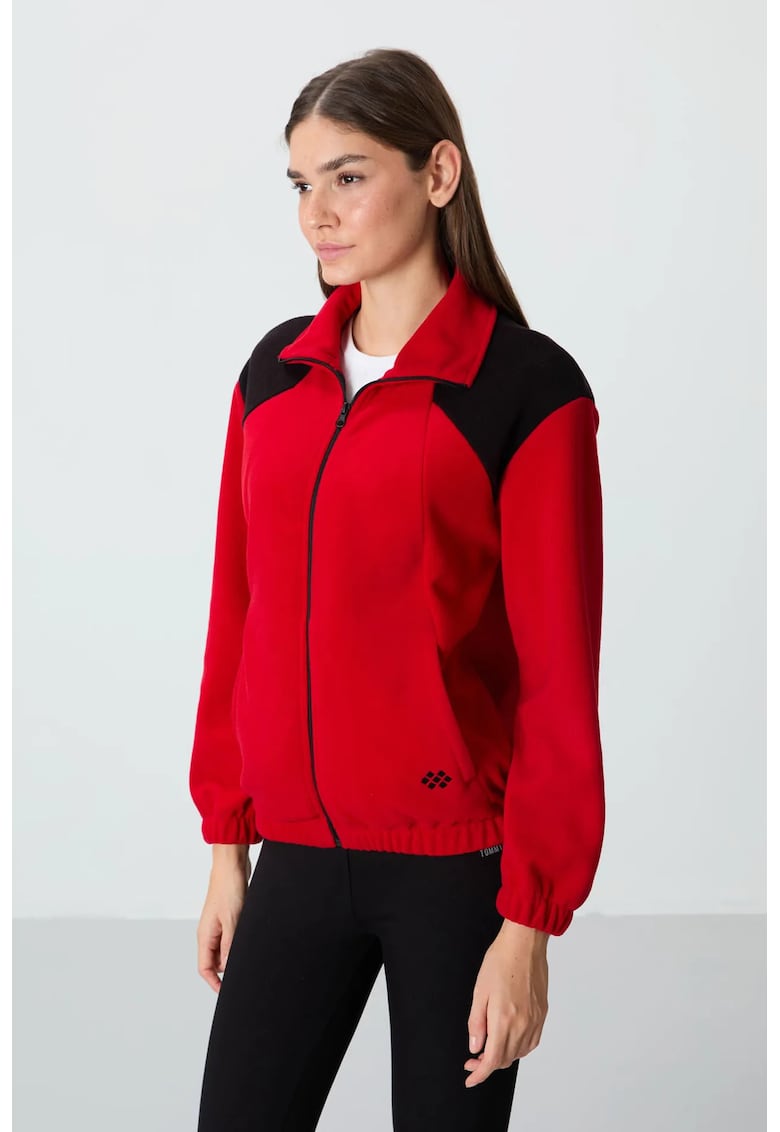 Hanorac dama - oversized color block - fleece - maneci lungi - fermoar - rosu