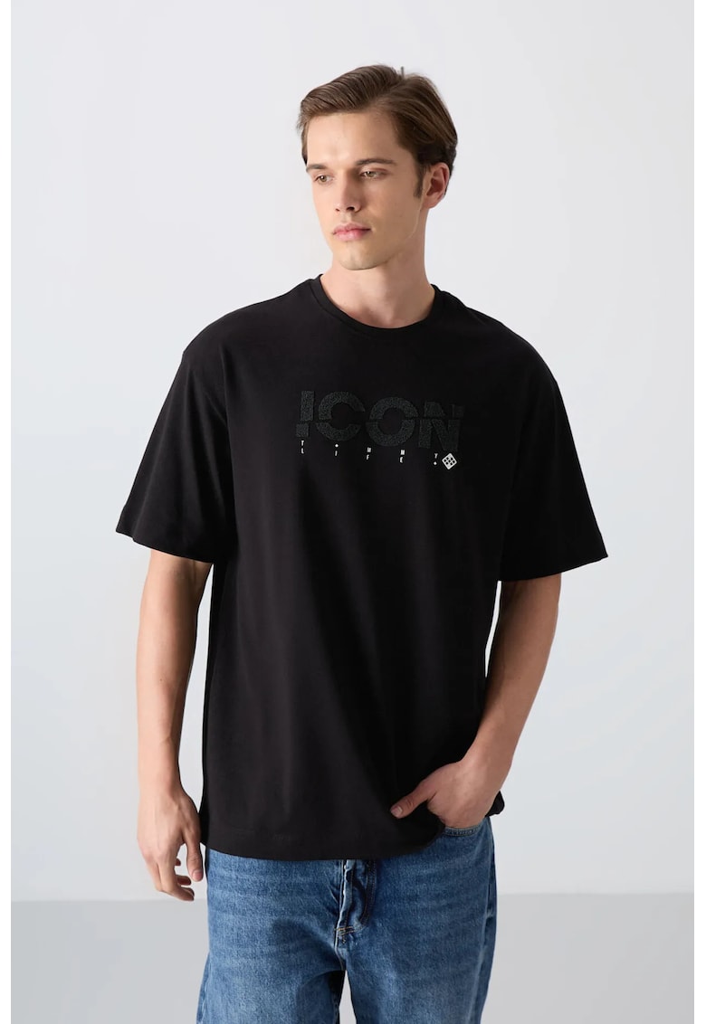 Tricou barbati - guler rotund - imprimeu logo - negru - bumbac si poliester