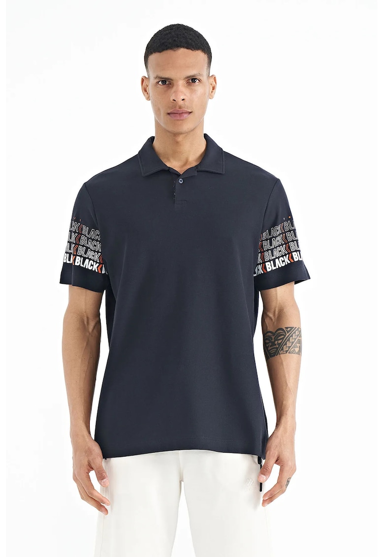 Tricou polo barbati imprimeu - albastru marin - 100% bumbac