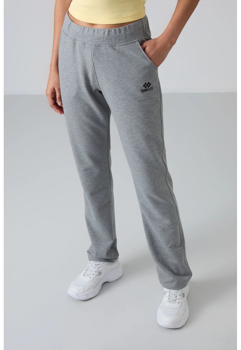 Pantaloni de trening - talie inalta - picior drept - gri - bumbac-poliester-elastan