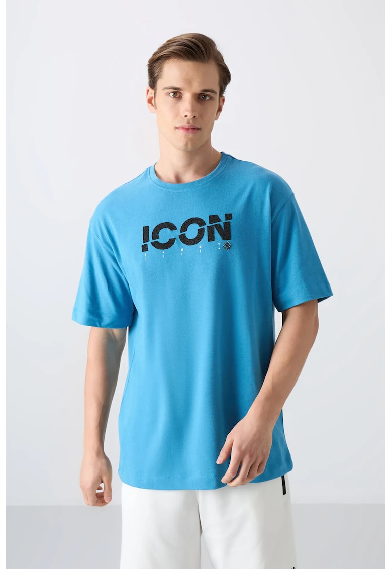 Tricou guler rotund - imprimeu logo - albastru cerulean - 65% bumbac - 35% poliester