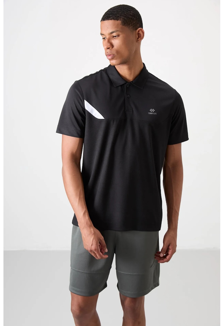 Tricou Polo Barbati - Negru - 100% poliester - cu buton