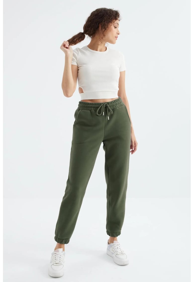 Pantaloni dama - jogger - buzunar - verde kaki - poliester