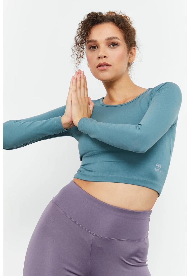 Tricou dama - top scurt - maneca lunga - elastic - Albastru Cerulean - 92% bumbac