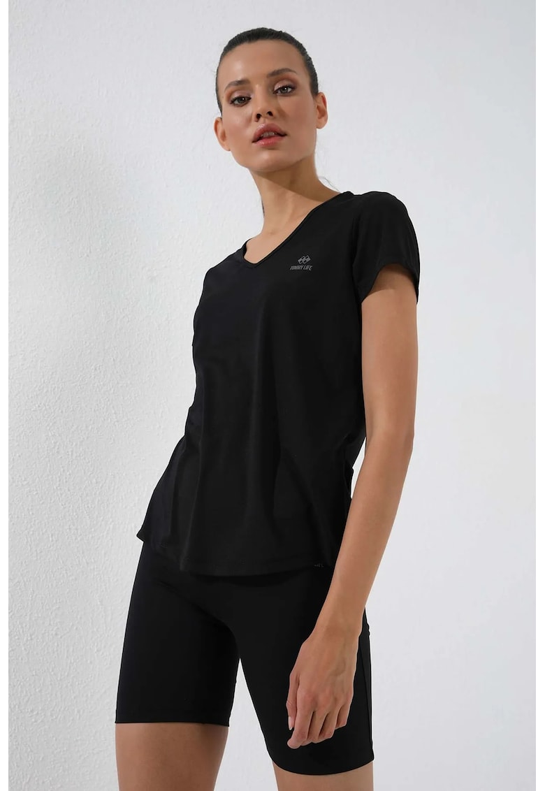 Tricou simplu - decolteu in V - maneca scurta - negru - poliester-elastan