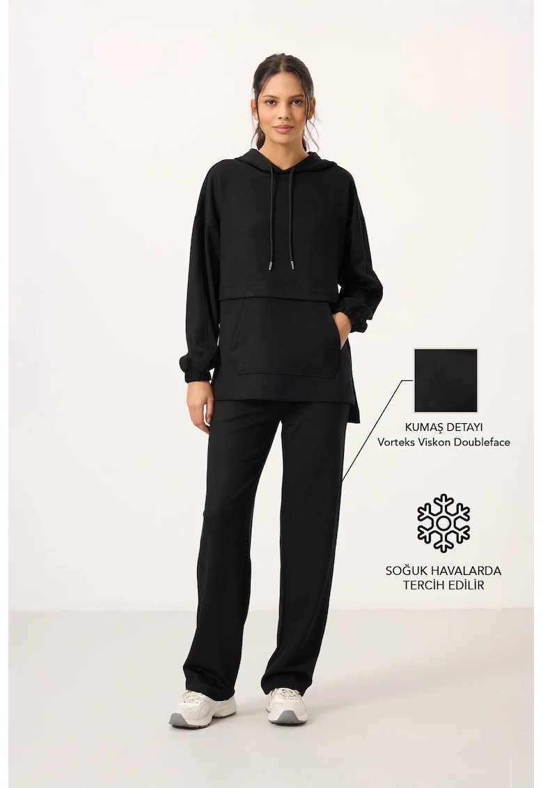 Set hanorac supradimensionat cu gluga si pantaloni largi - negru - 48% viscoza - 47% poliester - 5% elastan