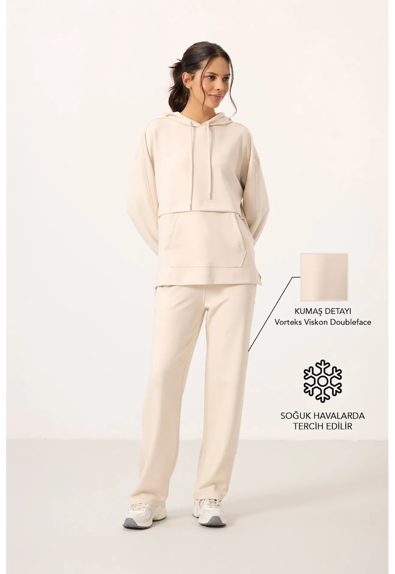 Set hanorac supradimensionat si pantaloni largi bej natural - cu buzunar - din viscoza - poliester si elastan
