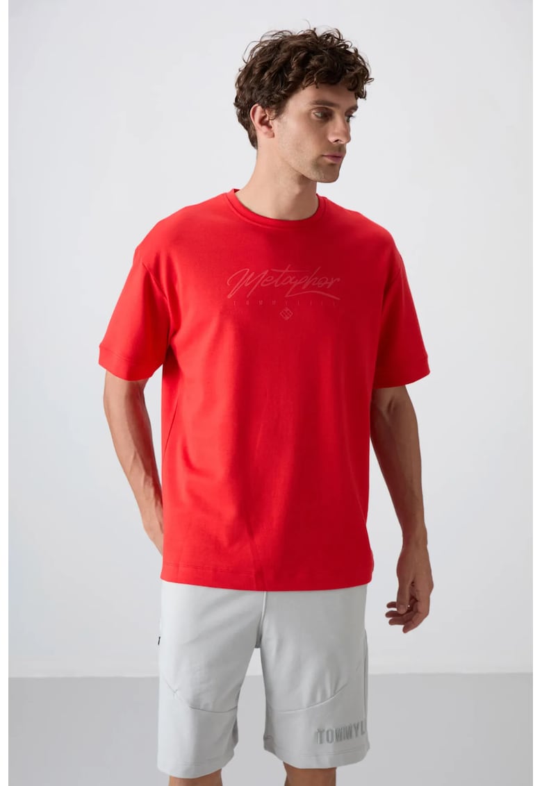 Tricou supradimensionat - imprimeu pe spate - rosu - bumbac si poliester