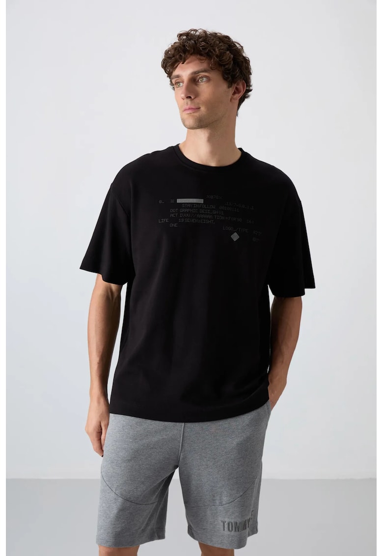 Tricou supradimensionat cu guler rotund - imprimeu - negru bumbac 93%