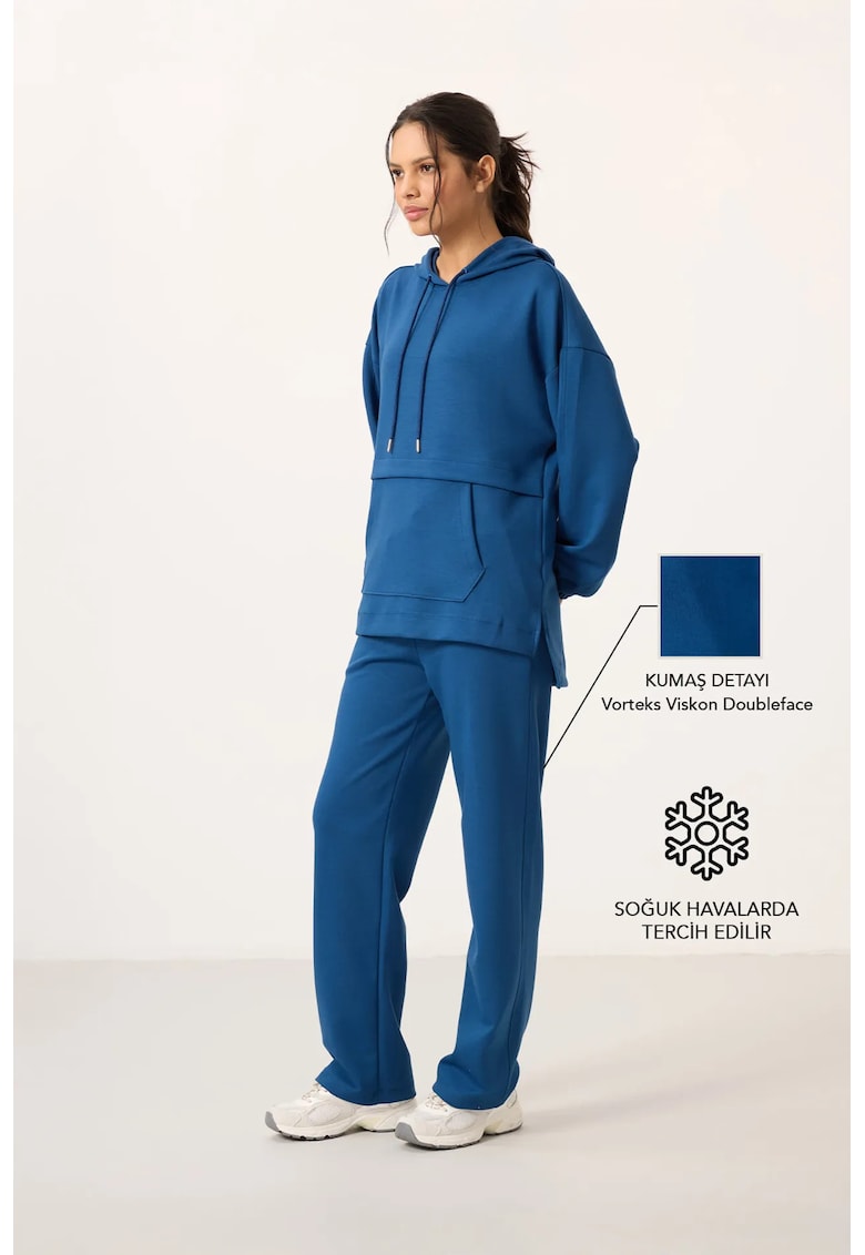 Set Treninguri Femei - Bluza cu gluga supradimensionata si Pantaloni cu croiala larga - Albastru Moroccan - 48% viscoza - 47% poliester - 5% elastan