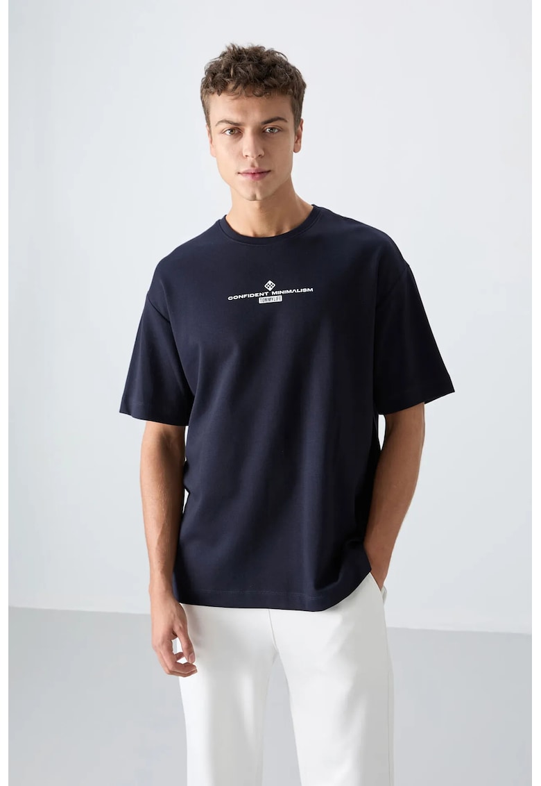 Tricou oversized - imprimat pe spate - albastru marin - amestec de bumbac