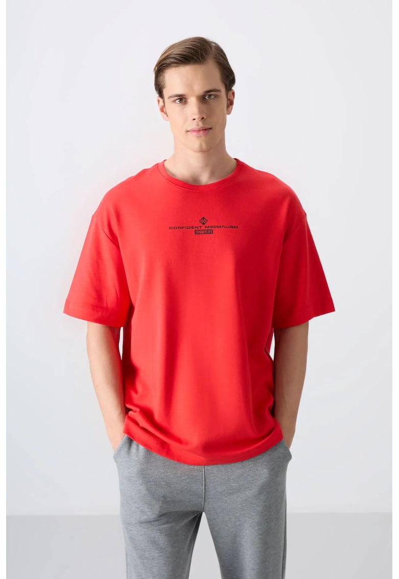Tricou supradimensionat - rosu - amestec de bumbac - imprimat pe spate