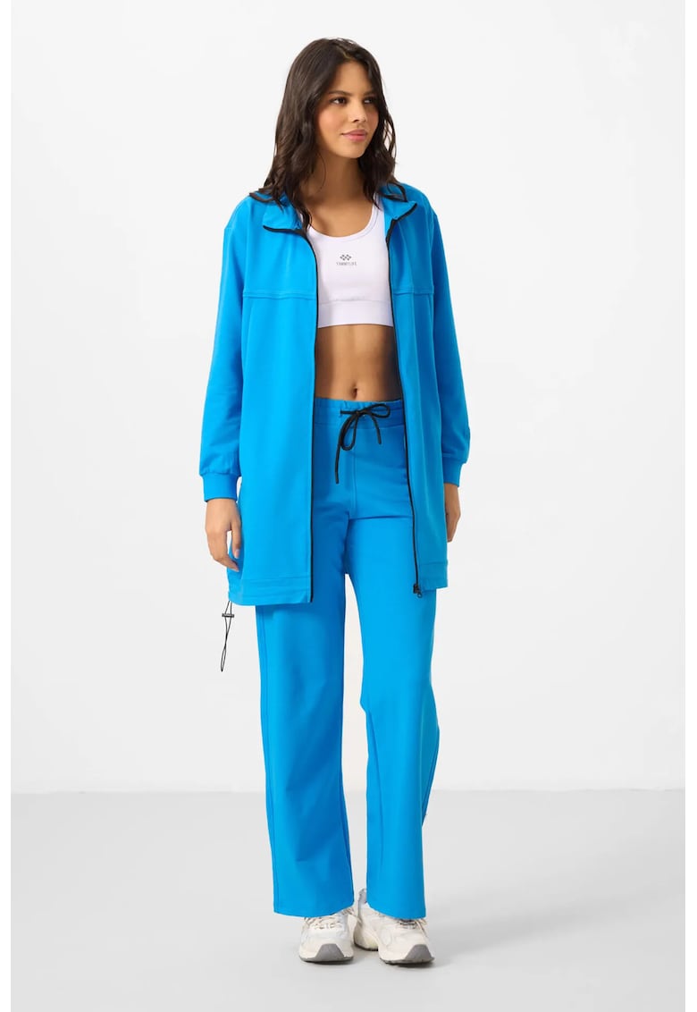 Set activ hanorac cu fermoar si pantaloni evazati - albastru cerulean - bumbac - poliester - elastan