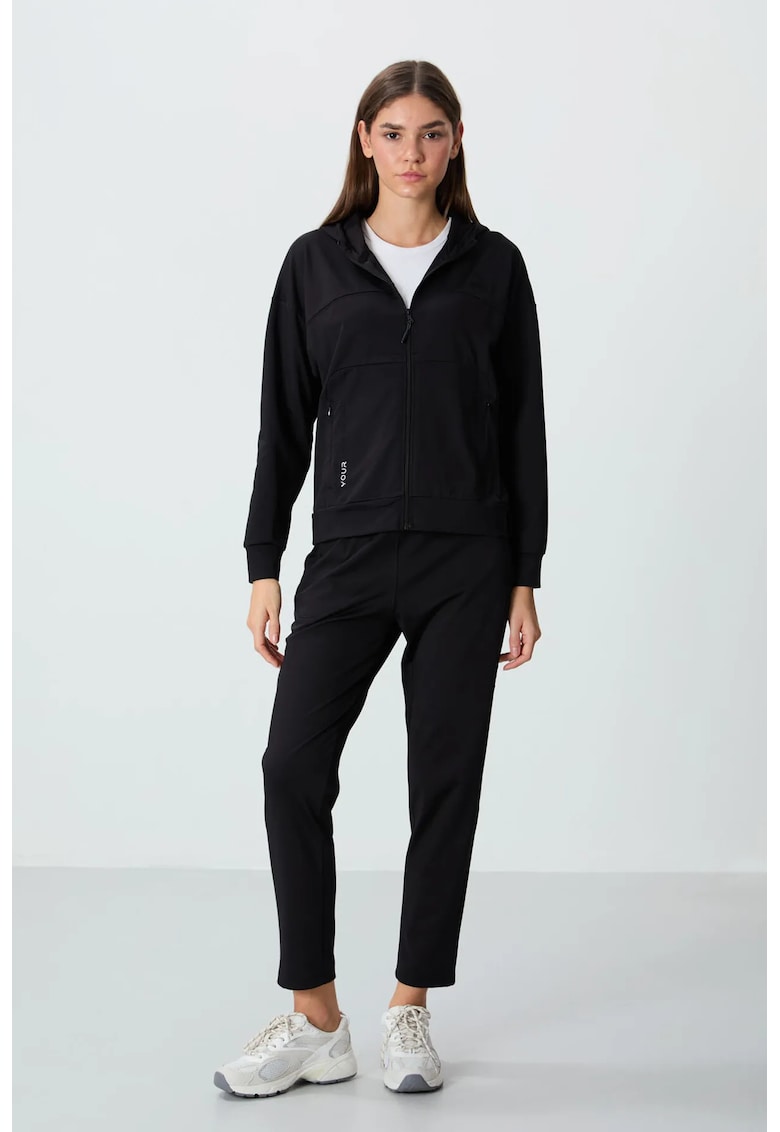 Set cu Gluga si Fermoar - Pantaloni - Negru - Poliester-Elastan - Negru