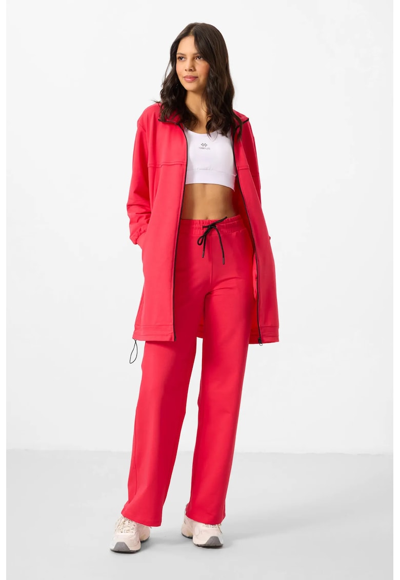Set activ hanorac cu fermoar si pantaloni evazati - roz aprins - bumbac