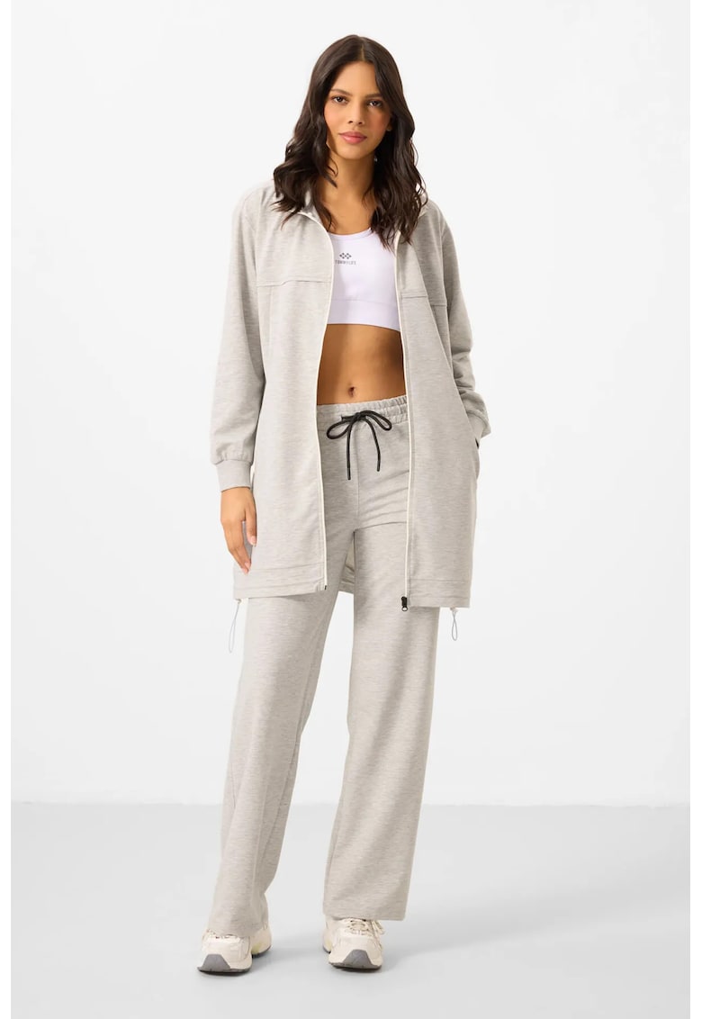 Set de trening si pantaloni largi gri deschis - amestec de bumbac - fermoar - pentru femei