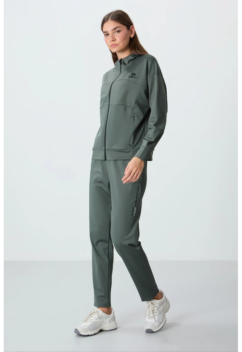 Set activ hanorac cu gluga si fermoar - pantaloni lungi - verde - poliester cu elastan