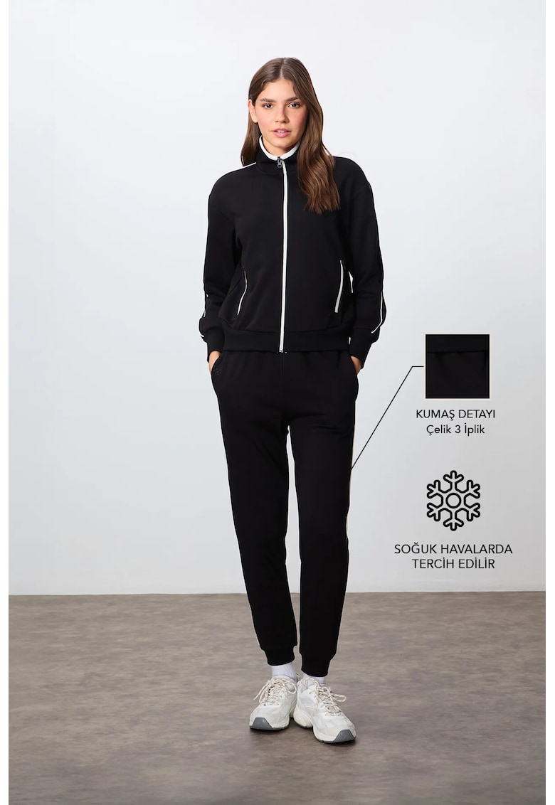 Set Treninguri Femei - Bluza cu Guler si Fermoar - Pantaloni - Negru - Bumbac/Poliester